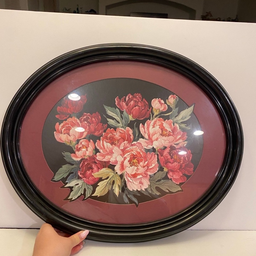 Oval Barbara Mock Framed Print Pink & Red Flowers Floral Matted Plastic Frame